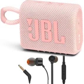 JBL Go 3 Portable Bluetooth Speaker Pink with JBL T110 in Ear Headphones