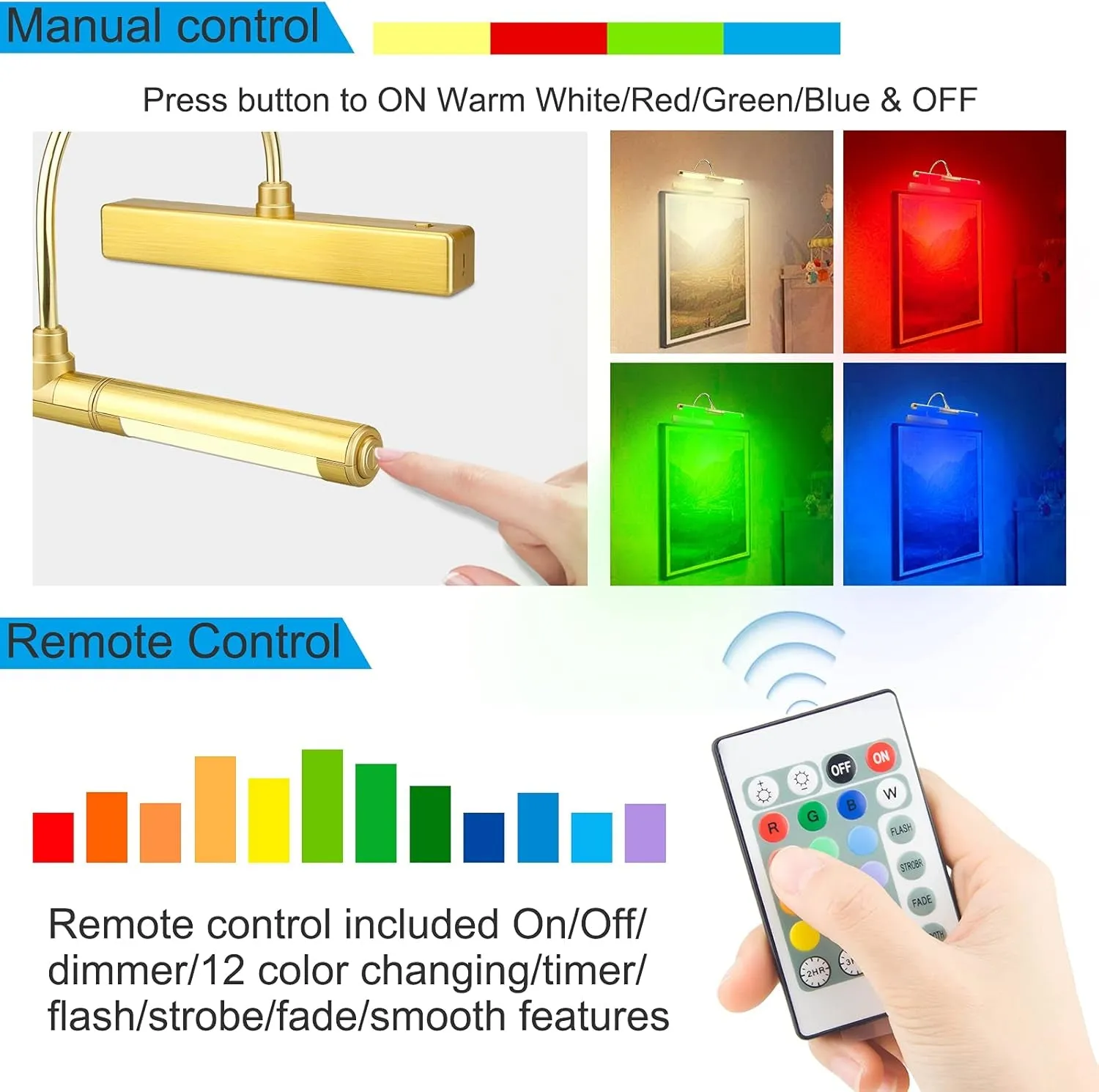 LED Picture Light with Remote Control, Rechargeable LED Wall Lights with 12 Colors Changing, LED Display Lamp 13 Inches Rotatable Light Head for Painting Dartboard Frame Portrait Art, Gold