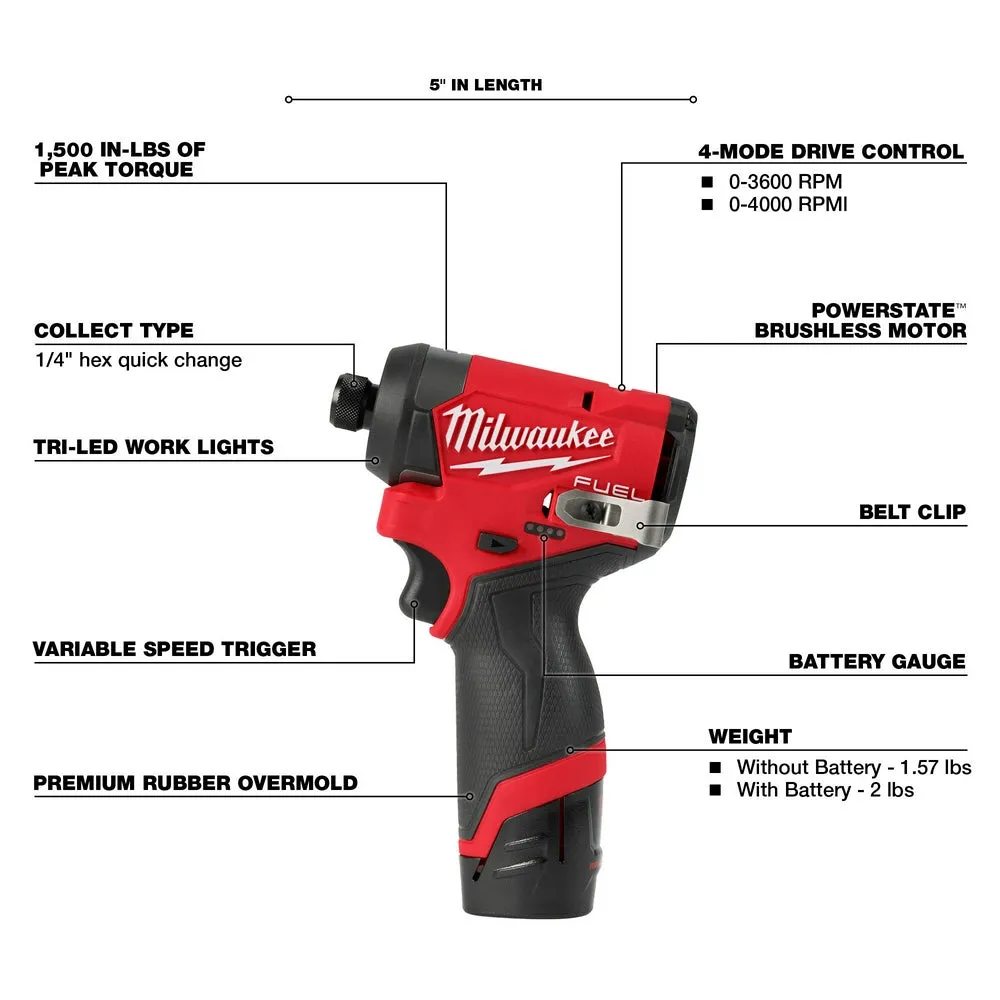 Milwaukee 3453-22 M12 FUEL 12V 1/4 Hex Cordless Li-Ion Impact Driver Kit