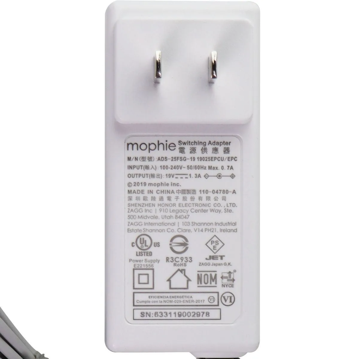 Mophie 19V/1.3A Wall Charger Switching Adapter/Power Supply - White ADS-25FSG-19