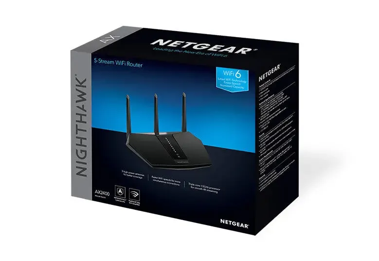 NETGEAR Nighthawk AX/5-Stream AX2400 WiFi 6 Router (RAX30) wireless router Gigabit Ethernet Dual-band (2.4 GHz / 5 GHz) Black