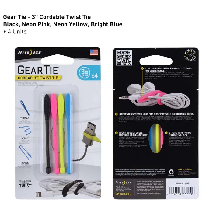 Nite Ize Gear Tie Cordable 3" Assorted Pack