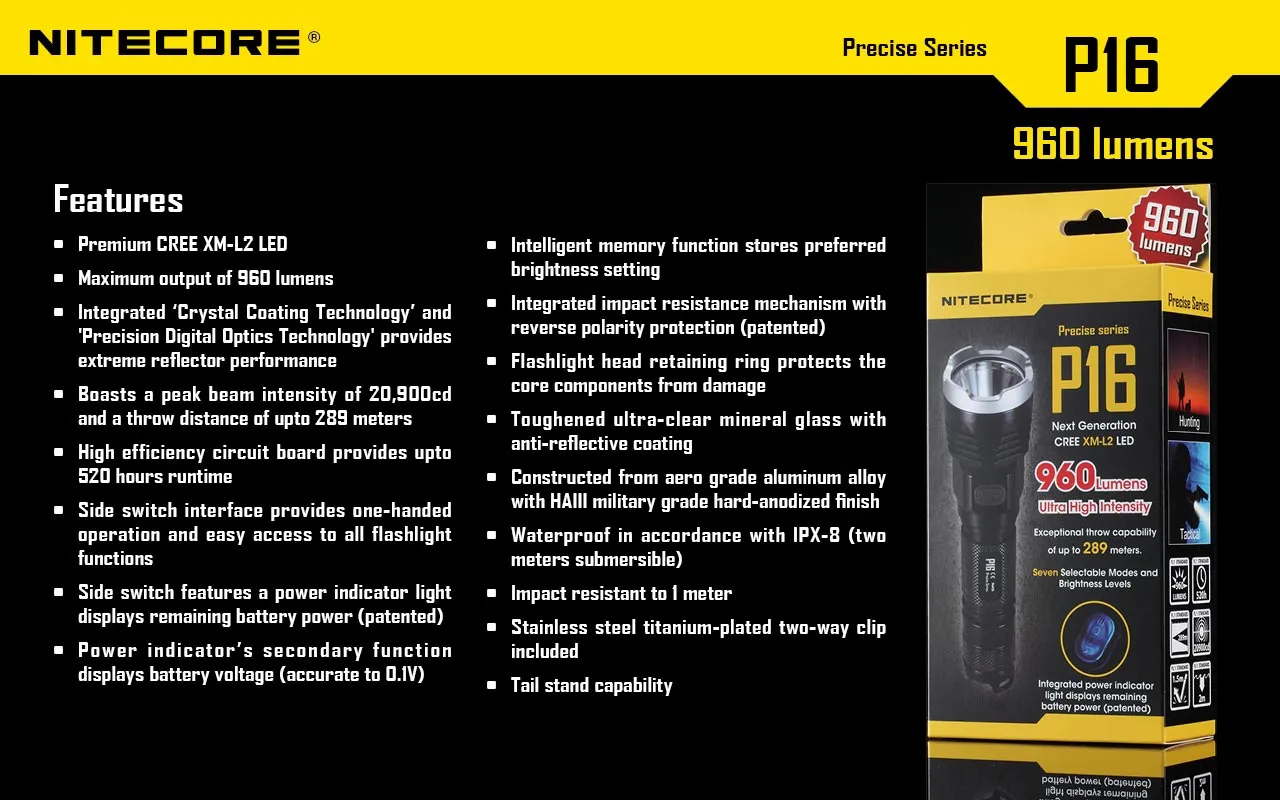 Nitecore P16 LED Flashlight   Nitecore NL1826R 18650 USB lithium Battery