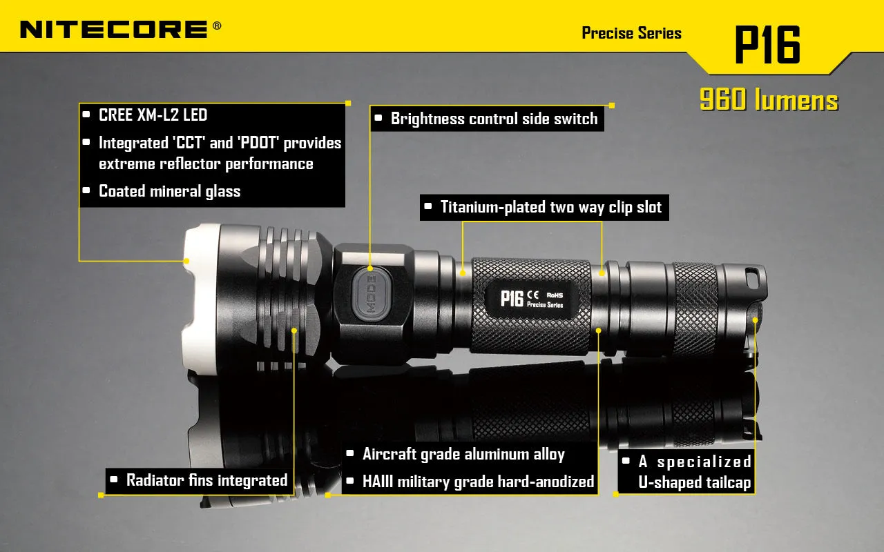 Nitecore P16 LED Flashlight   Nitecore NL1826R 18650 USB lithium Battery