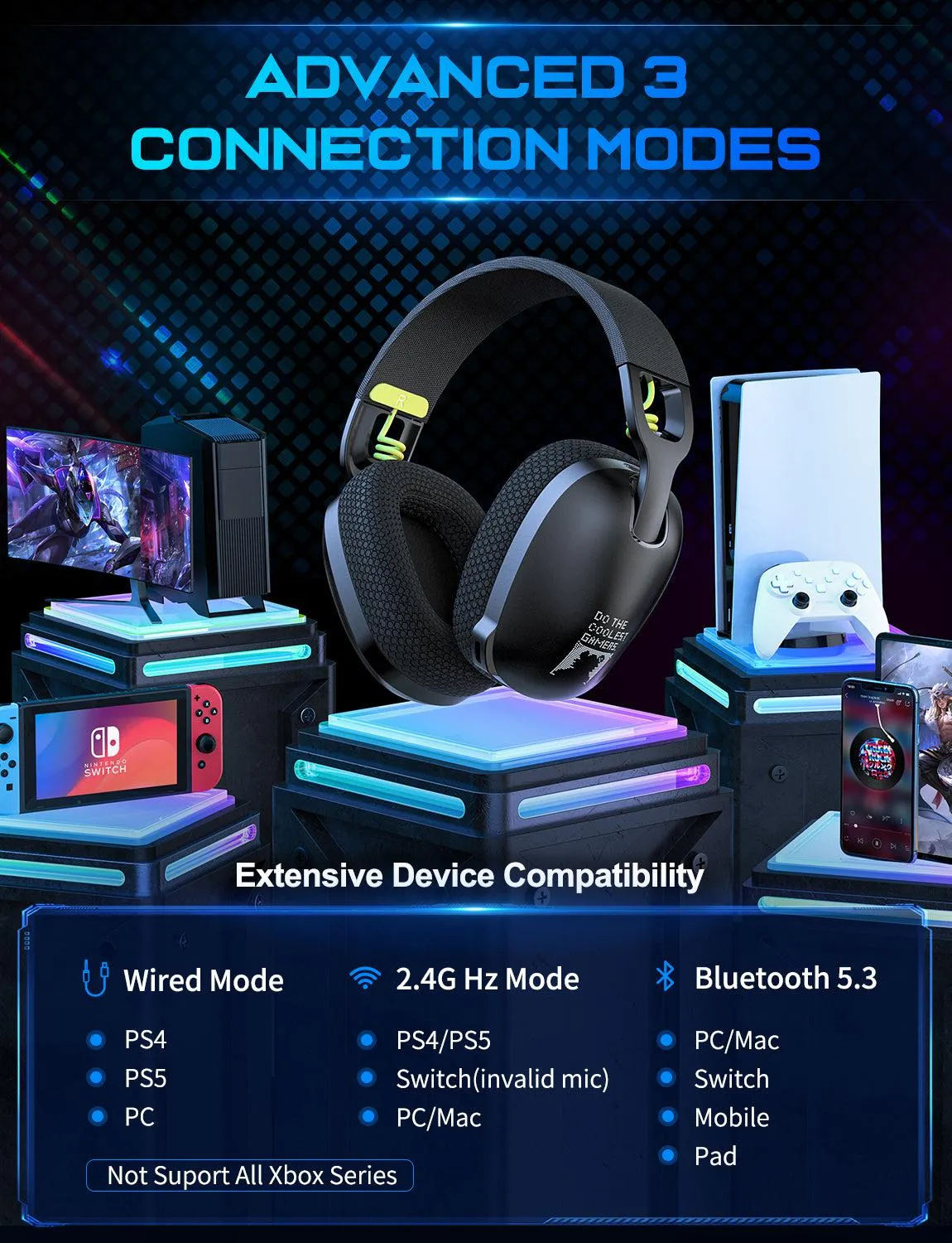 ONIKUMA B2 Headset Headworn Bluetooth 2.4g Wireless Wired Three Mode Lightweight E-Sports Gamer Headphone