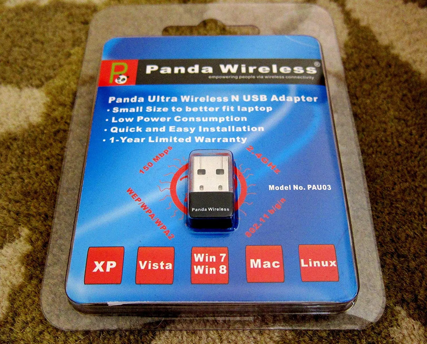 Panda Ultra 150Mbps Wireless N USB Adapter - Windows XP/Vista/7/8/8.1/10, Mac OS X 10.4-10.10, Mint, Ubuntu, Fedora, openSUSE, BackTrack5 R3, Kali Lin