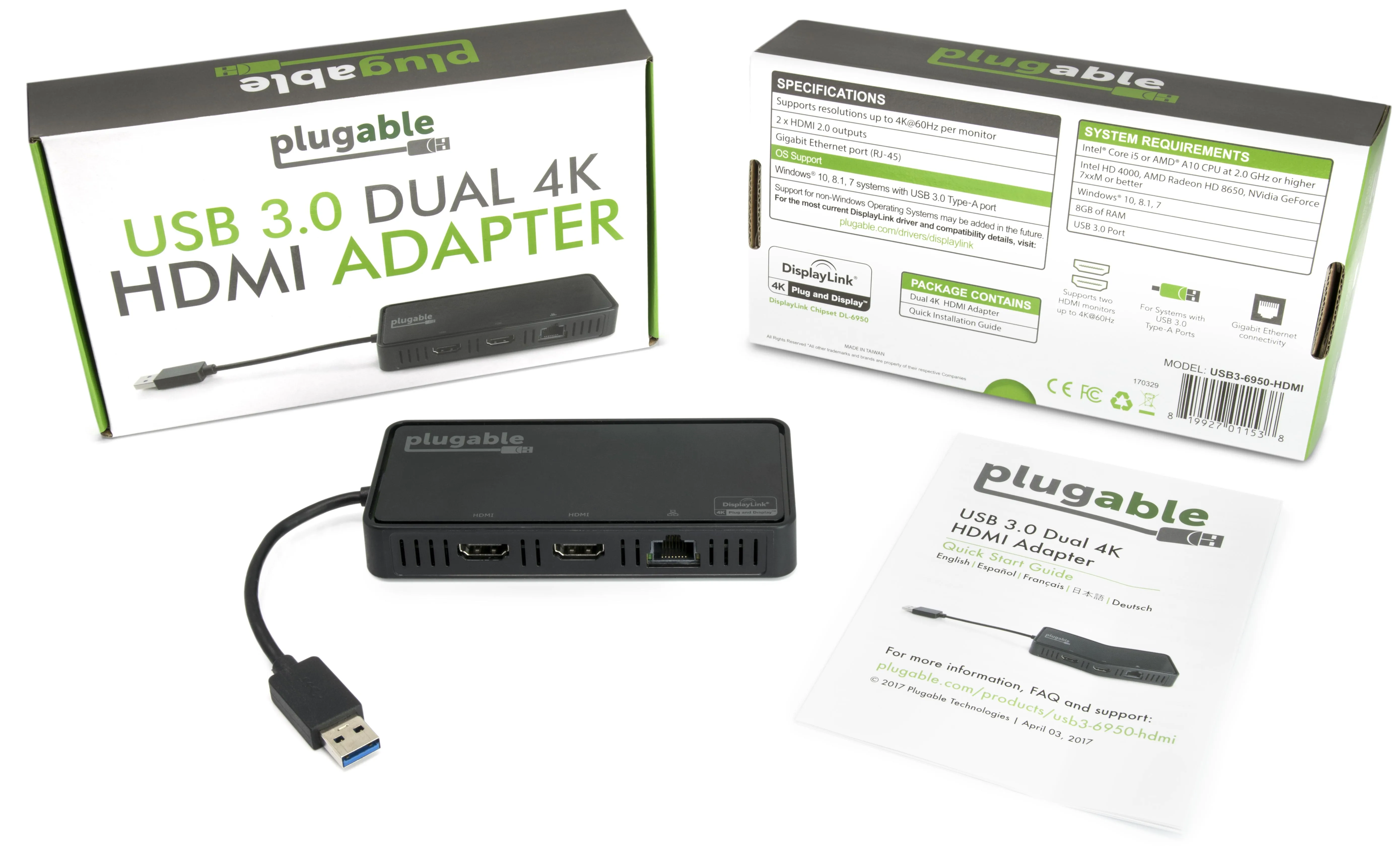 Plugable USB 3.0 Dual 4K HDMI 2.0 and Gigabit Ethernet Adapter