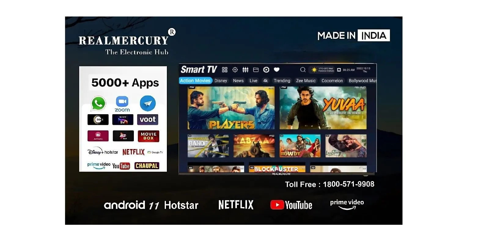 REALMERCURY 32 Inch 4K Ultra Full HD Android 11 with Voice Control Remot| Black | 220V | 66GBTS | 1920 * 1080 Pixel | A  Grade IPS Panel (First Time India)