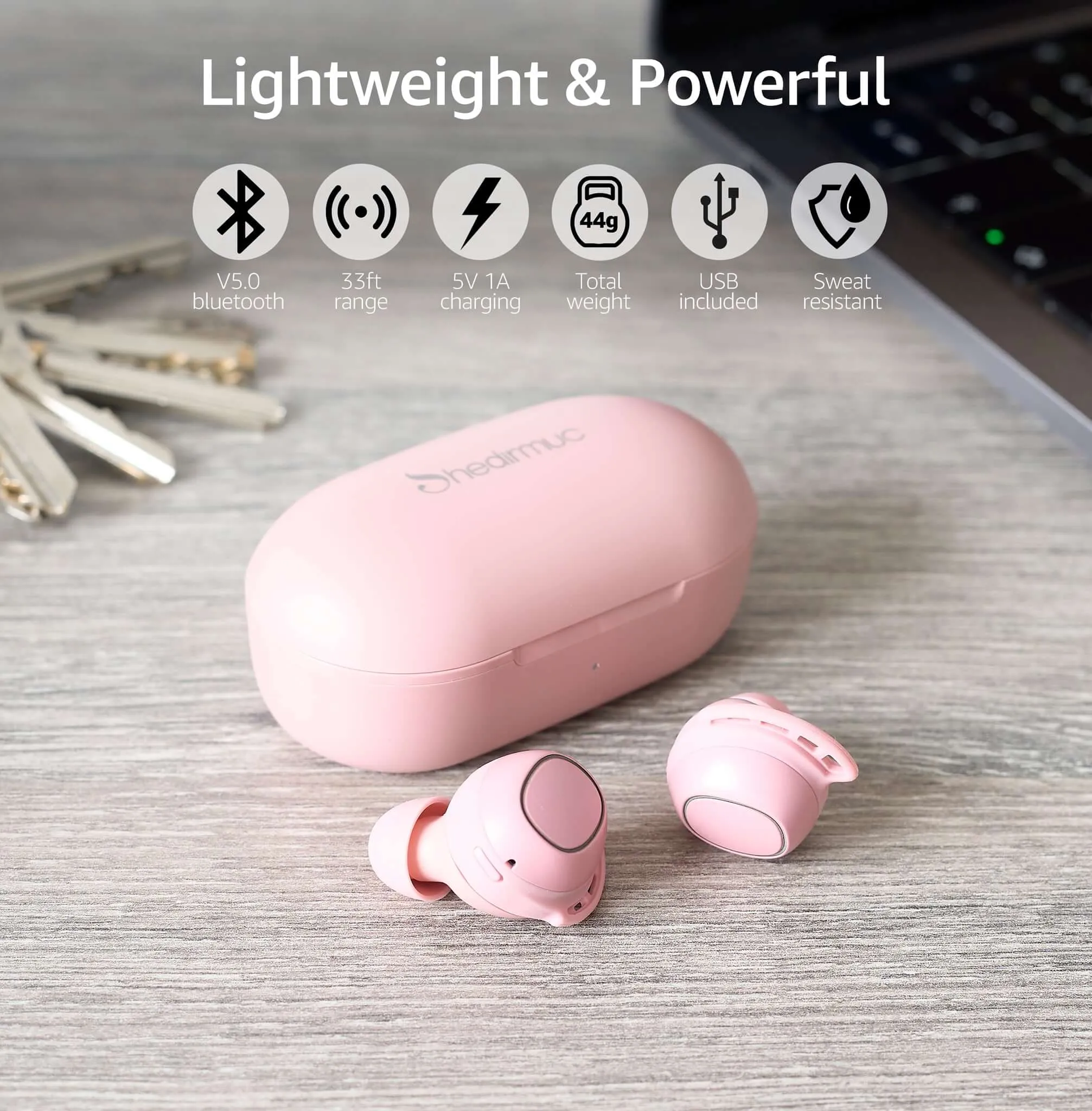 Shedirmuc Wireless Waterproof Bluetooth Earbuds Headphones Pink