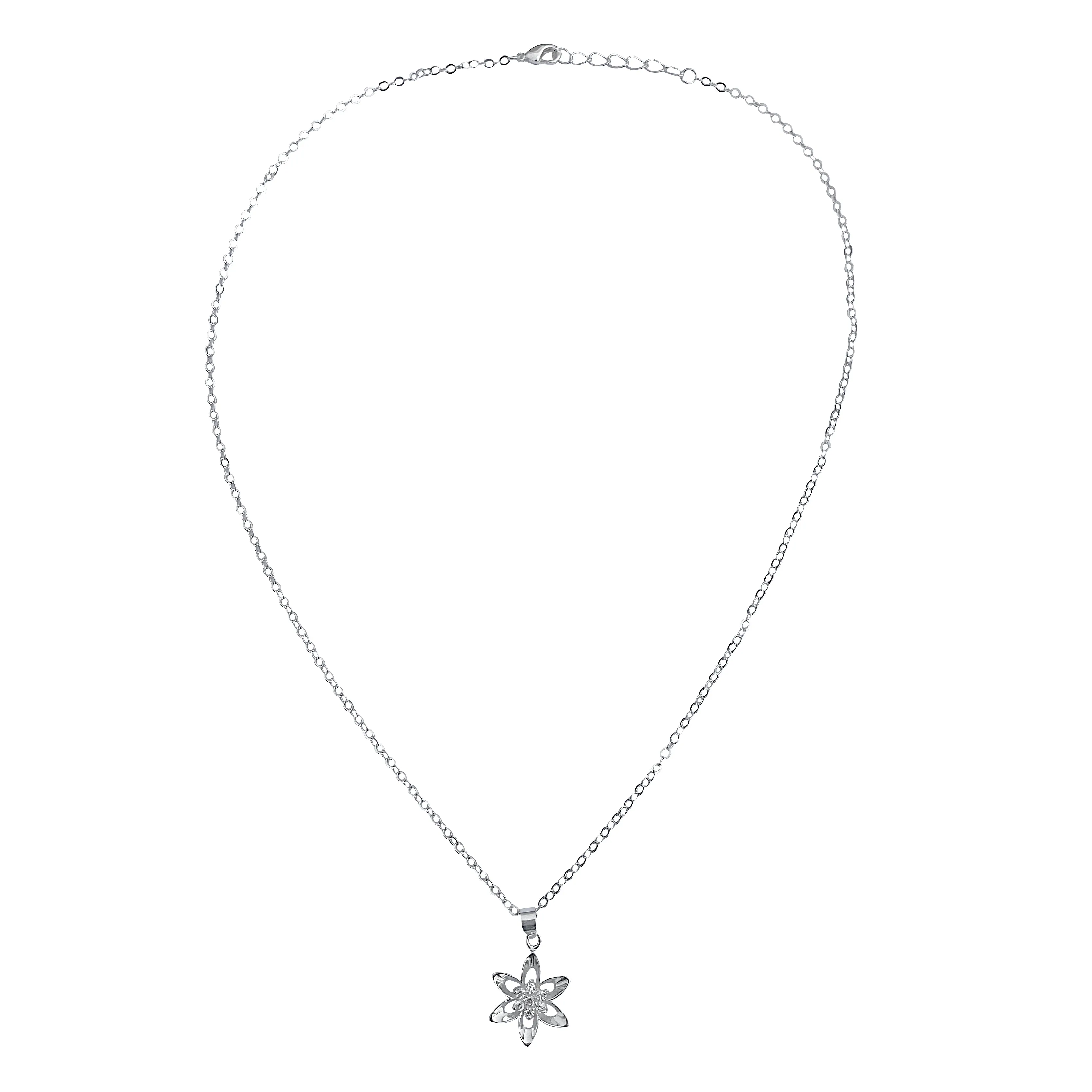 Sterling Silver Mini Cubic Zirconia Flower Pendant on Silver Cable Chain Necklace, 18" with Extender