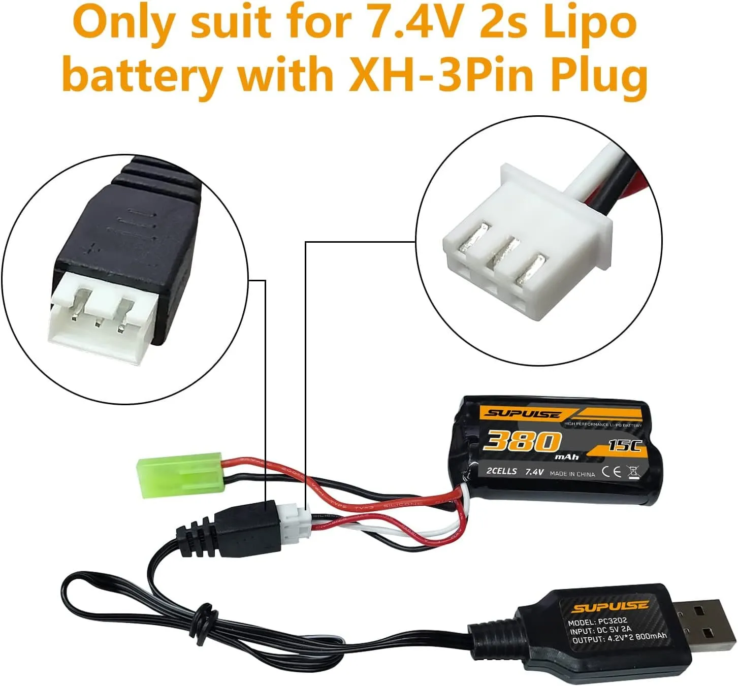 SUPULSE 2pcs USB Charger Cable 2A for 2S 7.4V LiPo Battery with XH-3Pin Plug for RC Boat RC Truck RC Plane