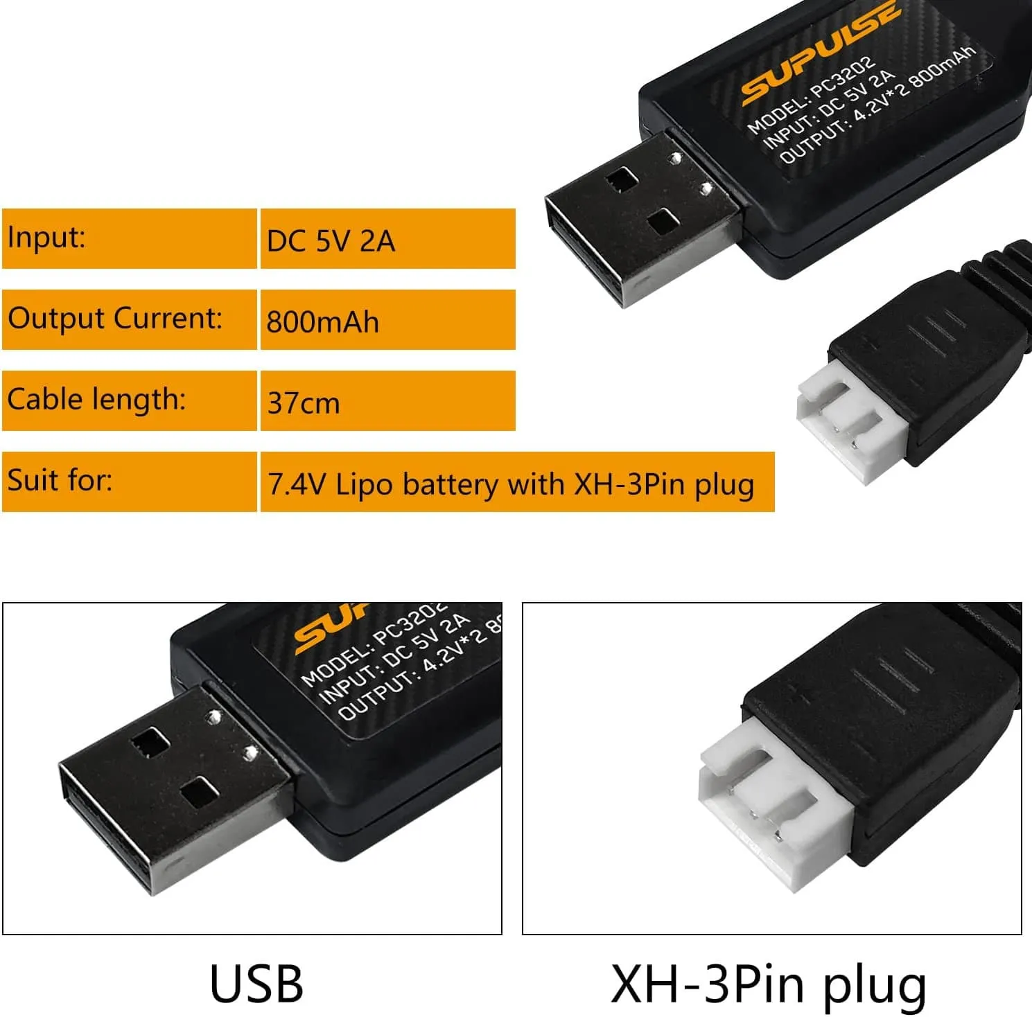 SUPULSE 2pcs USB Charger Cable 2A for 2S 7.4V LiPo Battery with XH-3Pin Plug for RC Boat RC Truck RC Plane