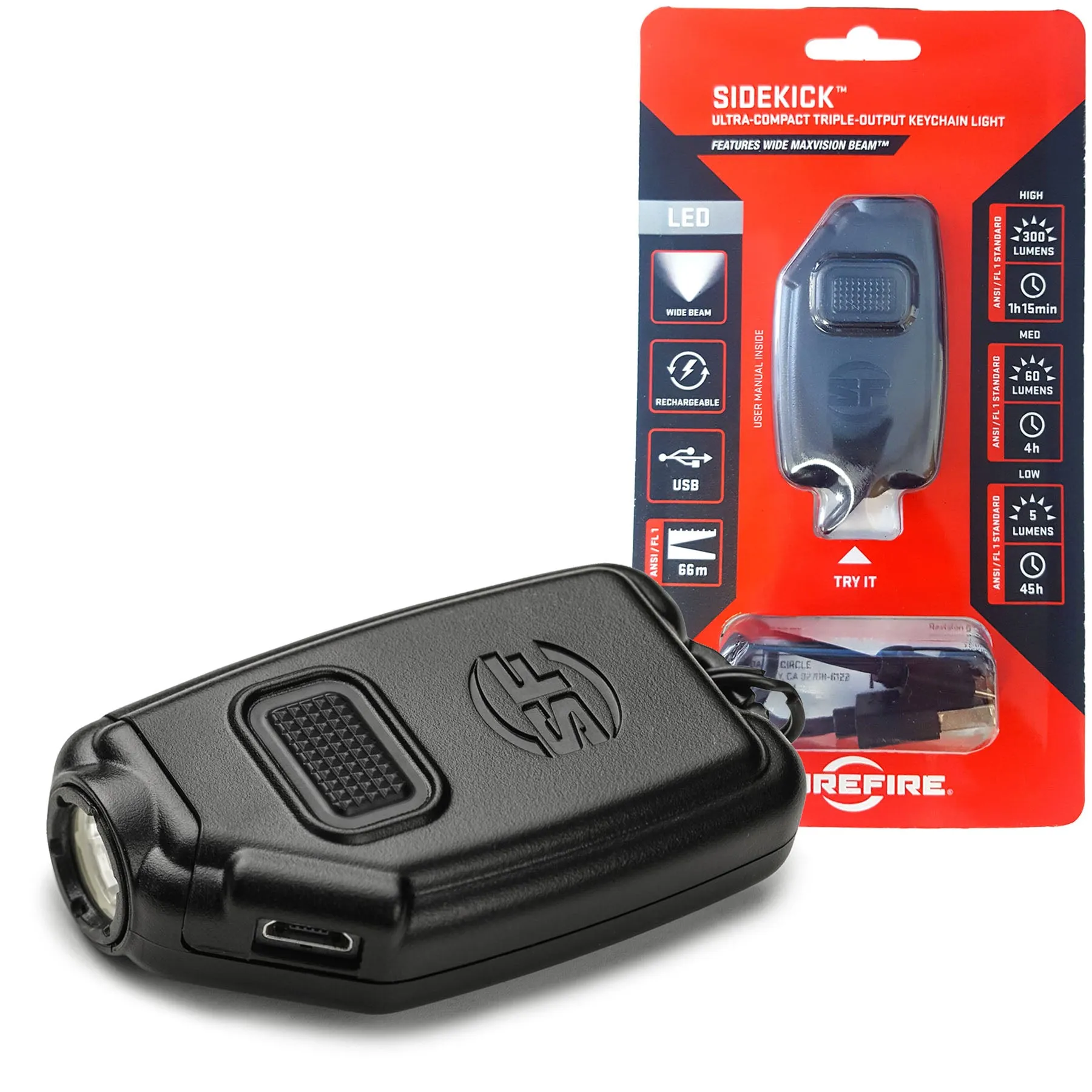 Surefire Sidekick 300-Lumen Ultra-Compact Triple-Output Keychain Light - Black