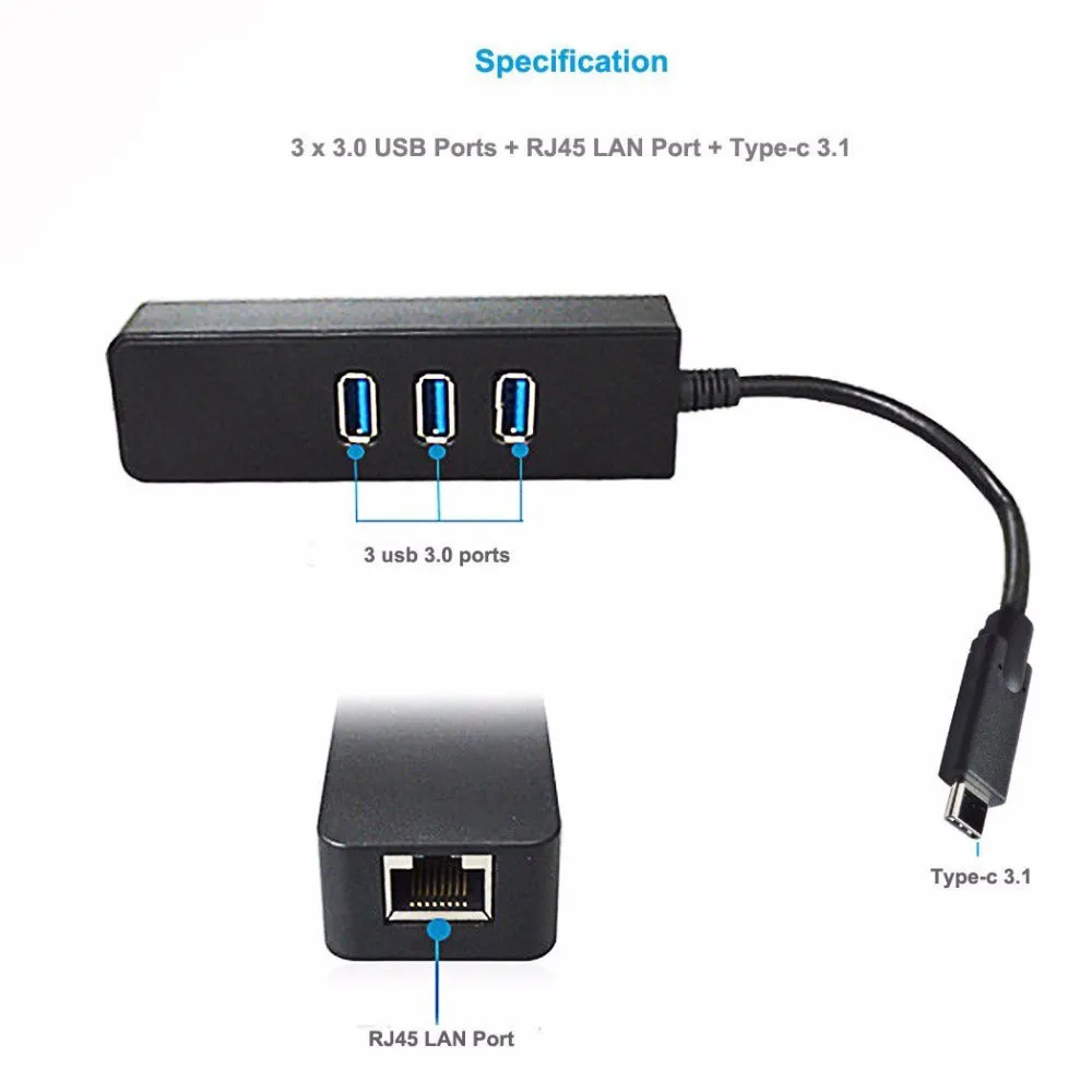 USB Type C 3.1 G1 3-Port HUB with Gigabit (10/100/1000Mbps) Ethernet Adapter