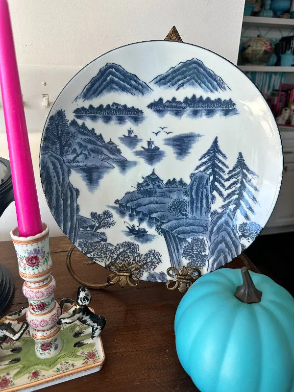 Vintage Charger, Platter, Blue and White, Asian Landscape Scene, Signed by artist, Porcelain