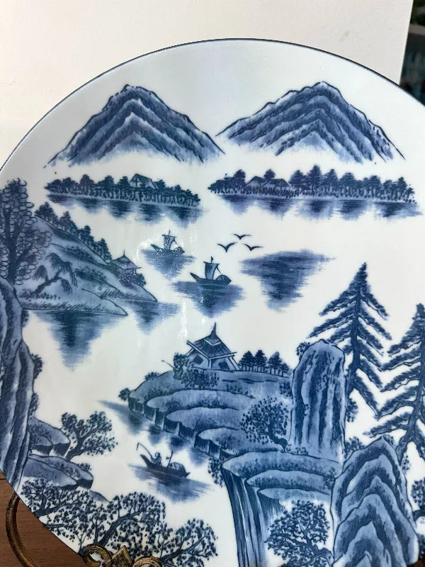 Vintage Charger, Platter, Blue and White, Asian Landscape Scene, Signed by artist, Porcelain