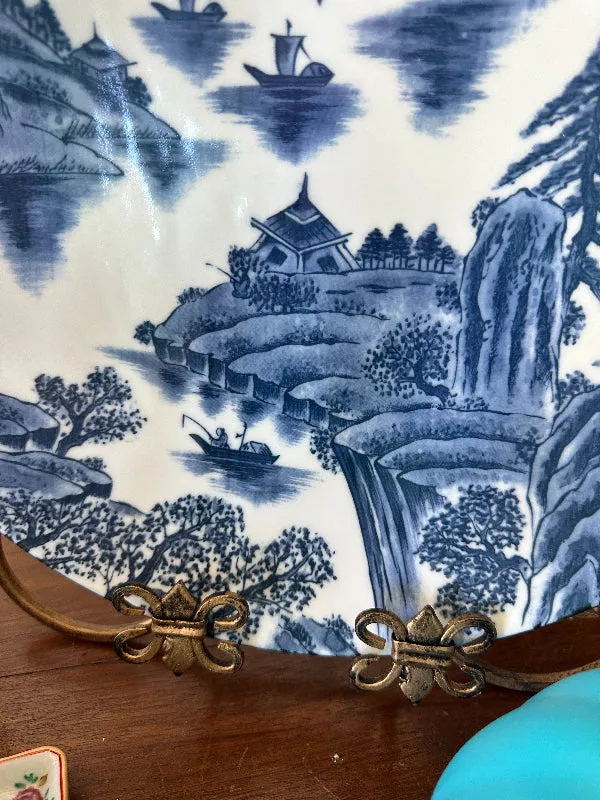 Vintage Charger, Platter, Blue and White, Asian Landscape Scene, Signed by artist, Porcelain