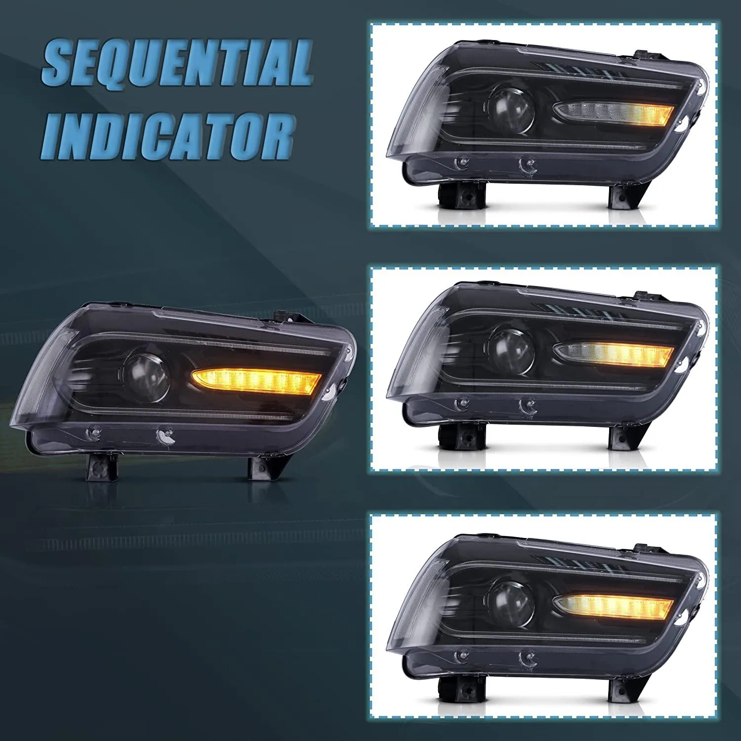 VLAND RGB Dual Beam Headlights For Dodge Charger 2011-2014 With Sequential Turn Signals