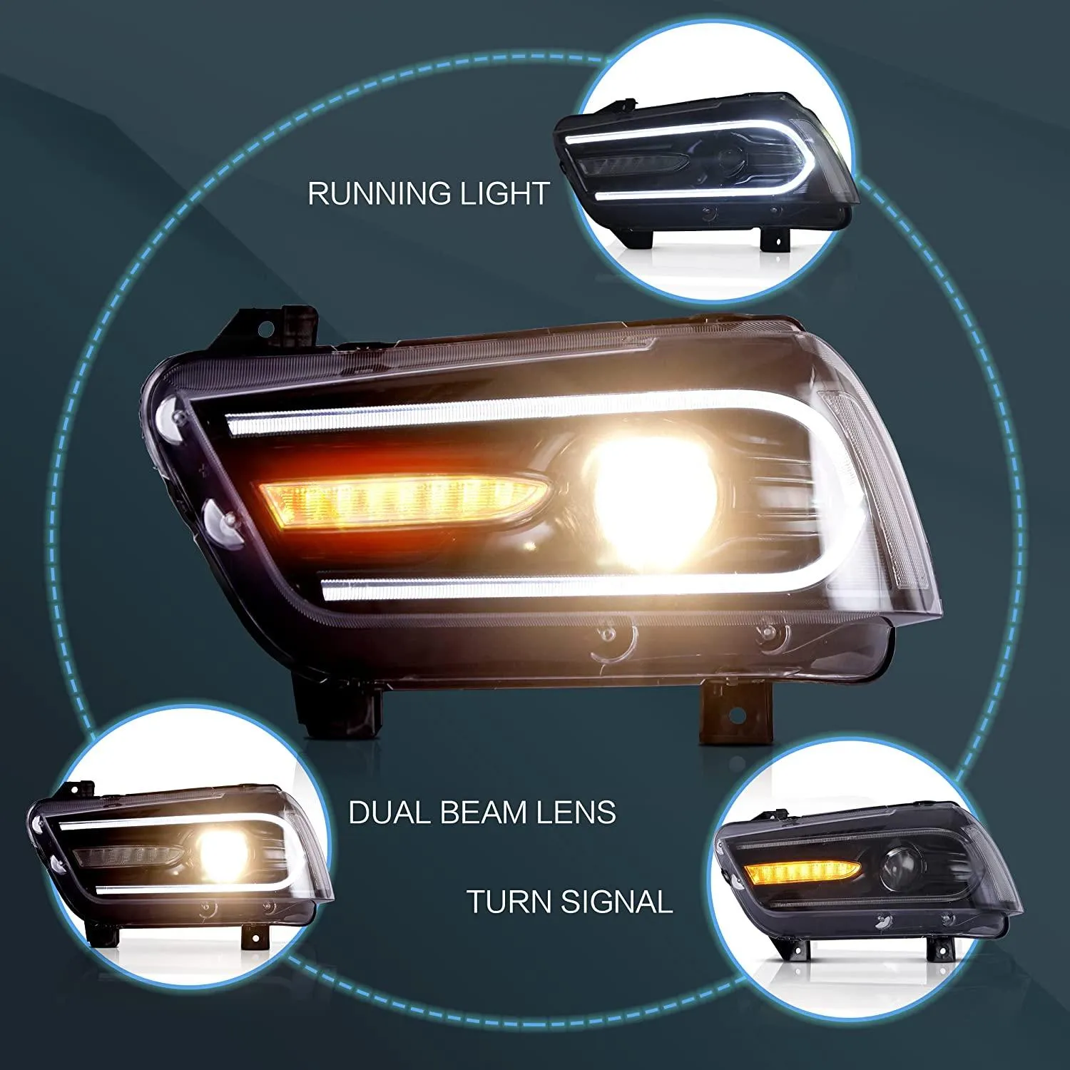 VLAND RGB Dual Beam Headlights For Dodge Charger 2011-2014 With Sequential Turn Signals