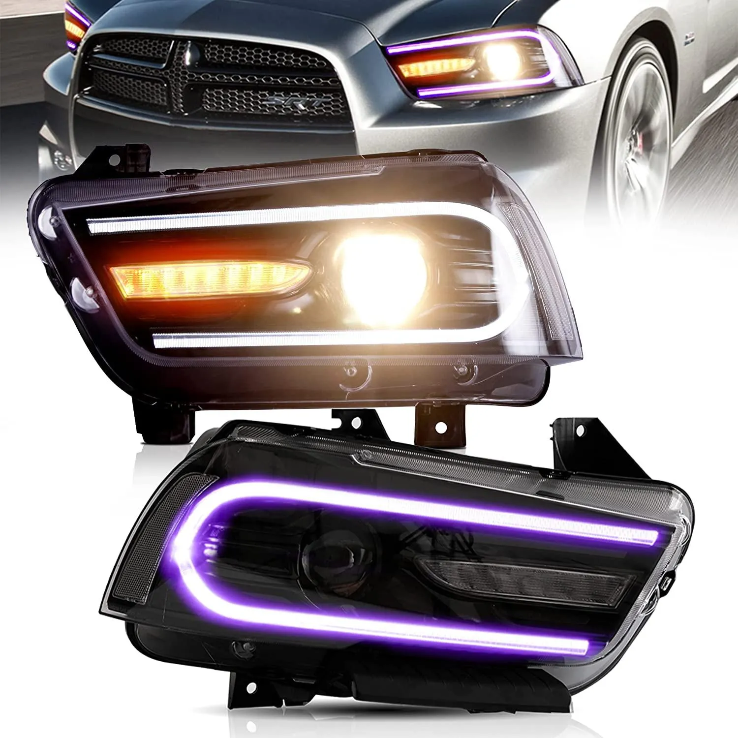 VLAND RGB Dual Beam Headlights For Dodge Charger 2011-2014 With Sequential Turn Signals