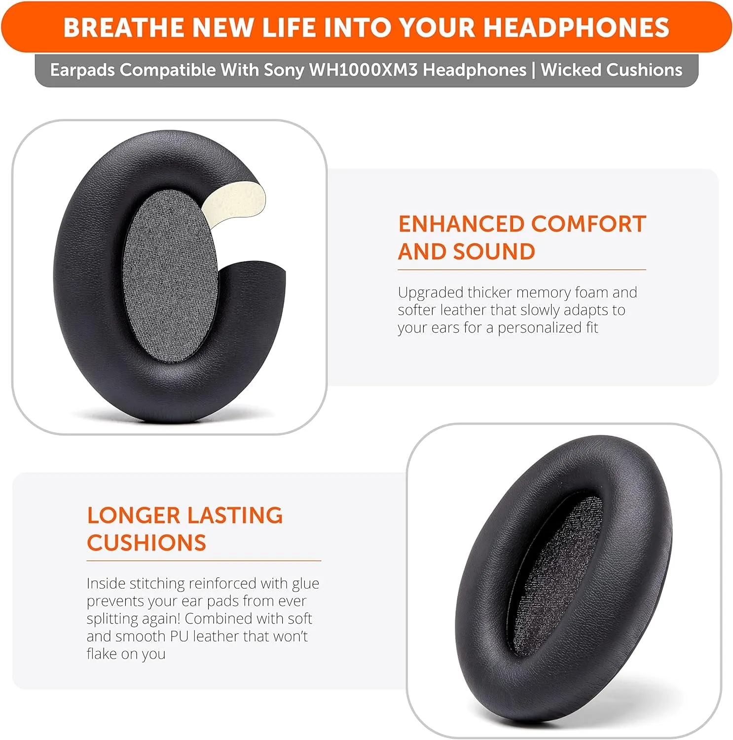 Wicked Cushions Extra Thick Replacement Earpads Compatible with Sony WH-1000XM3 Headphones - Black