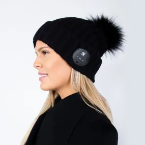 Women's Bluetooth Beanie With Black Faux Fur Pom Pom - Black