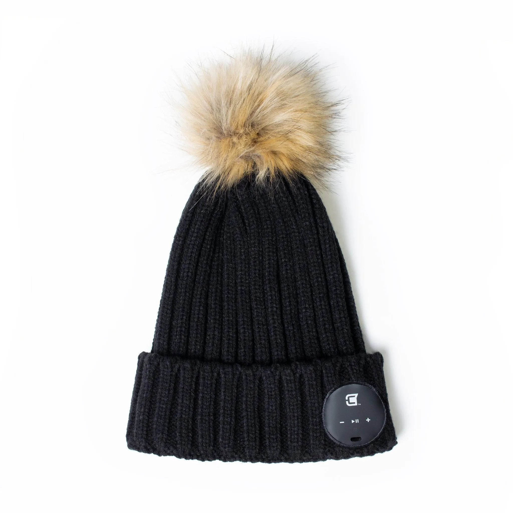 Women's Bluetooth Beanie With Brown Faux Fur Pom Pom - Black