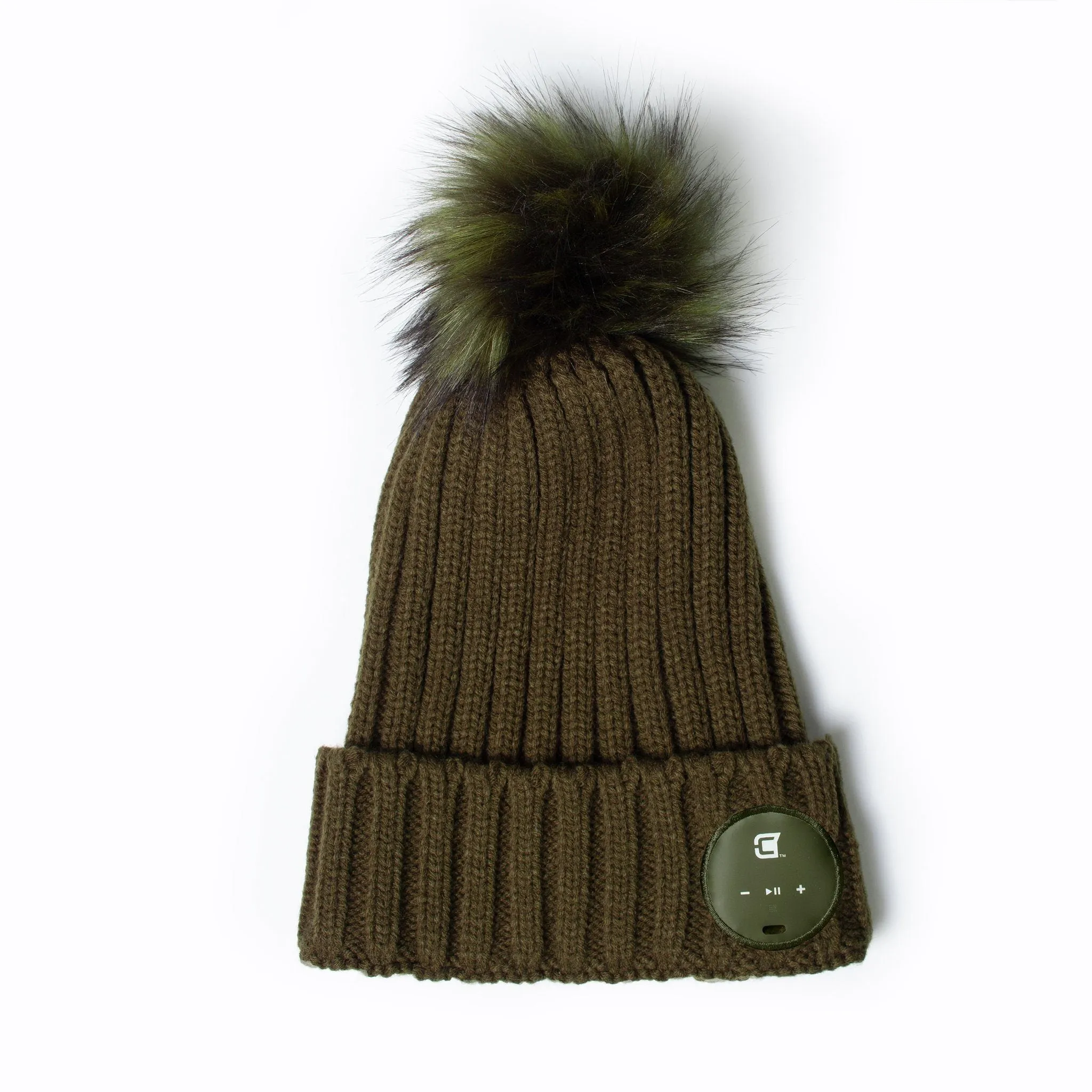 Women's Bluetooth Beanie With Olive Green Faux Fur Pom Pom - Olive Green