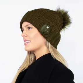 Women's Bluetooth Beanie With Olive Green Faux Fur Pom Pom - Olive Green