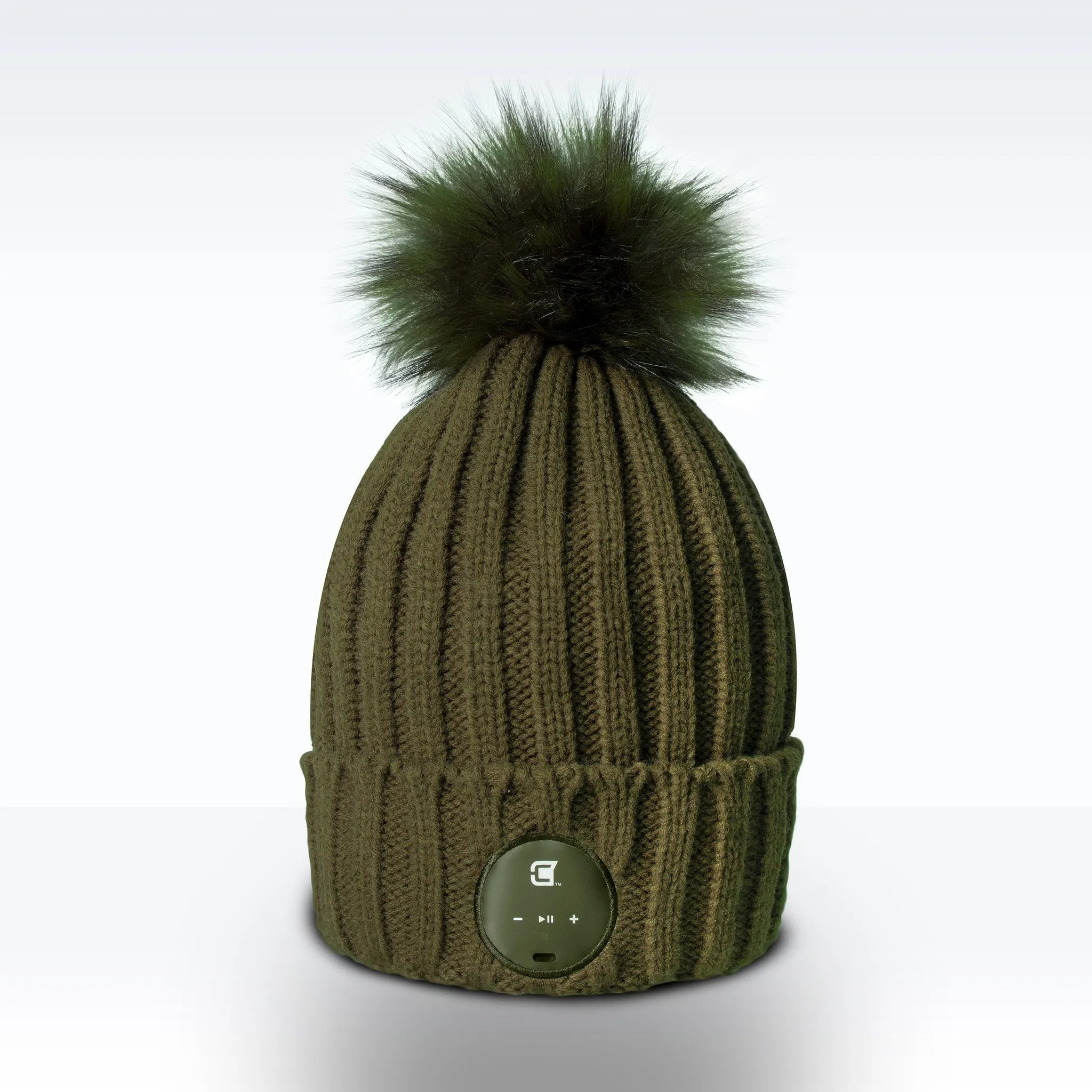 Women's Bluetooth Beanie With Olive Green Faux Fur Pom Pom - Olive Green