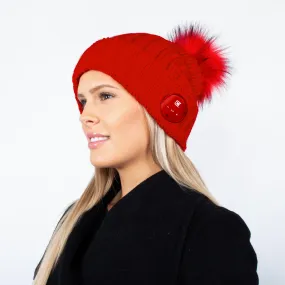 Women's Bluetooth Beanie With Red Faux Fur Pom Pom - Red